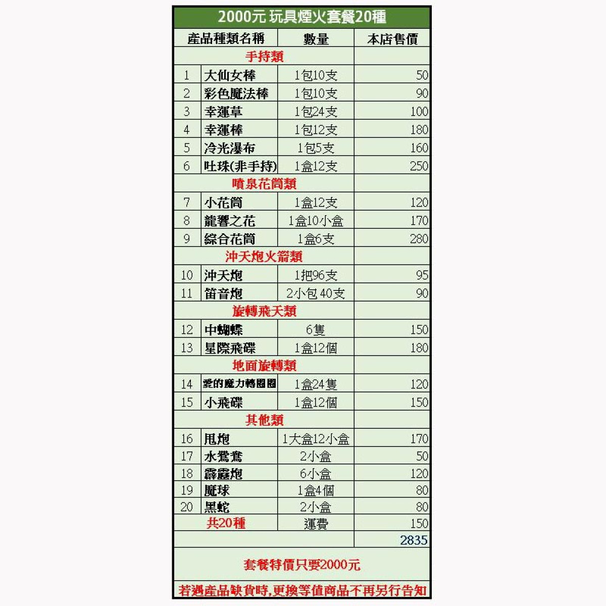 2000元20種玩具煙火套餐