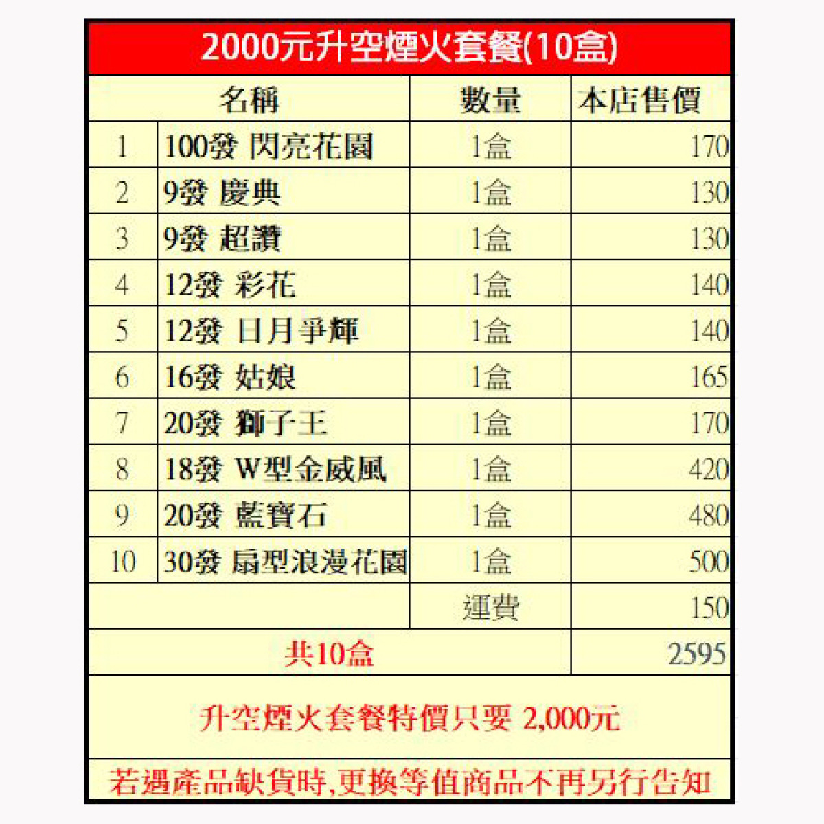 2000元 盒裝升空煙火套餐 共10盒