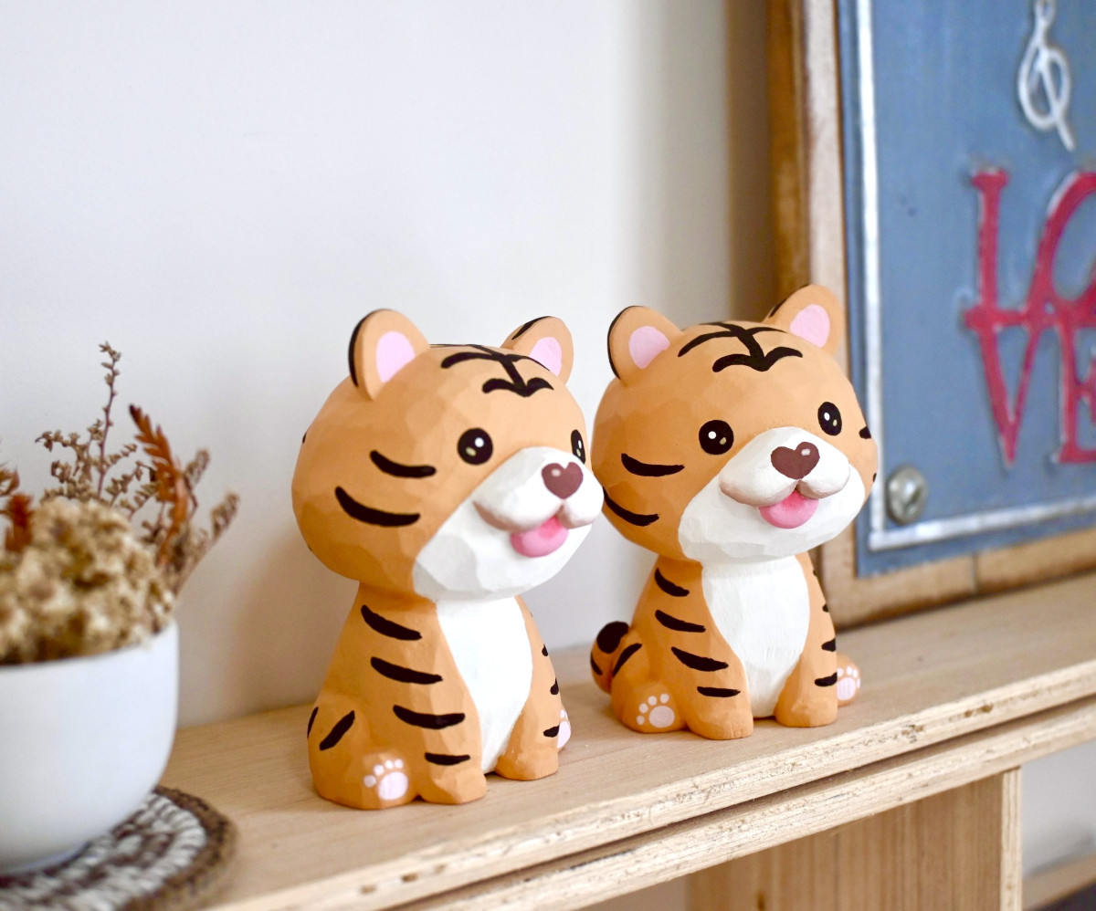Q萌小老虎 可愛療癒手工雕刻 小木雕公仔 擺飾
