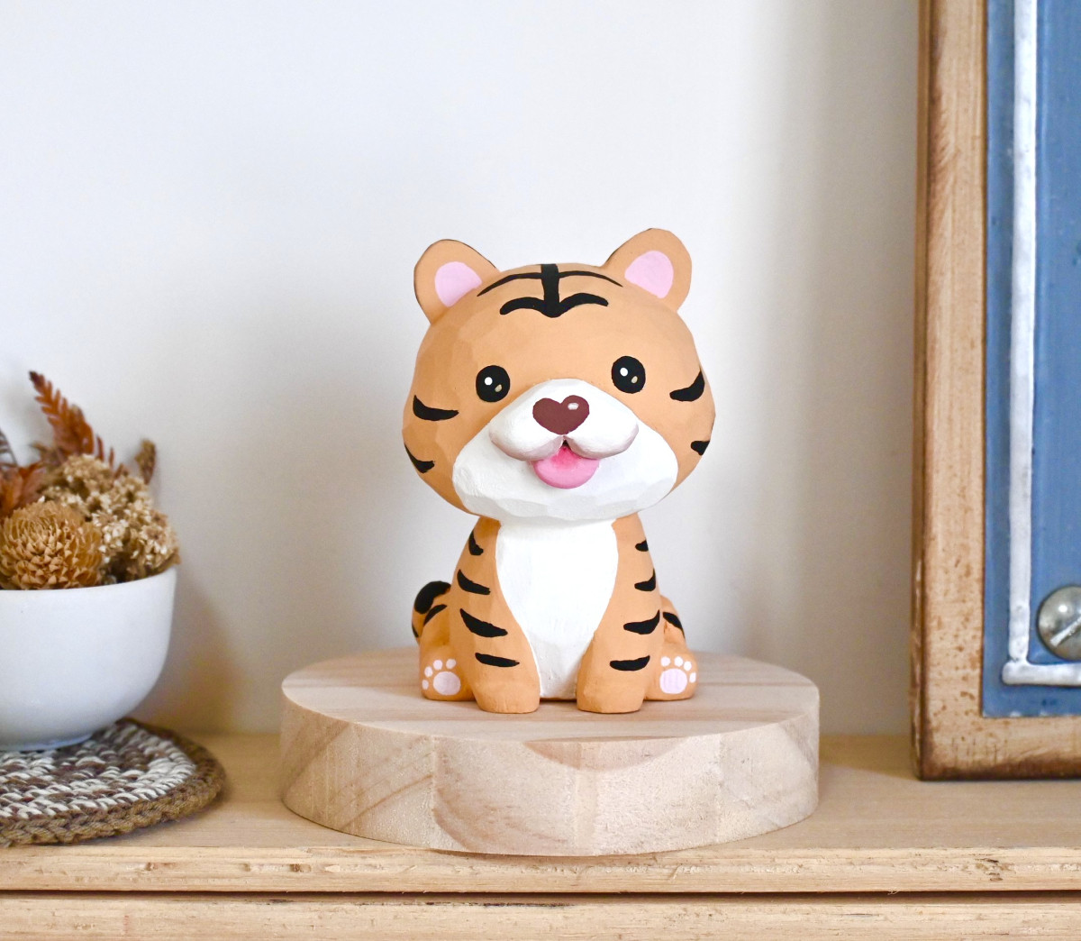 Q萌小老虎 可愛療癒手工雕刻 小木雕公仔 擺飾