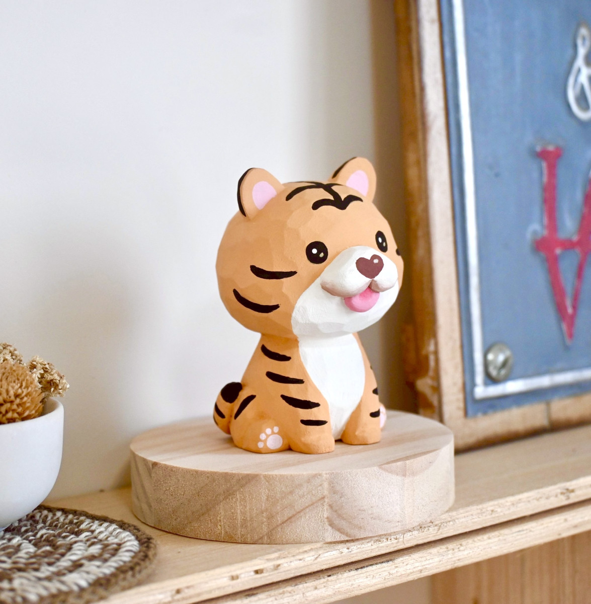Q萌小老虎 可愛療癒手工雕刻 小木雕公仔 擺飾