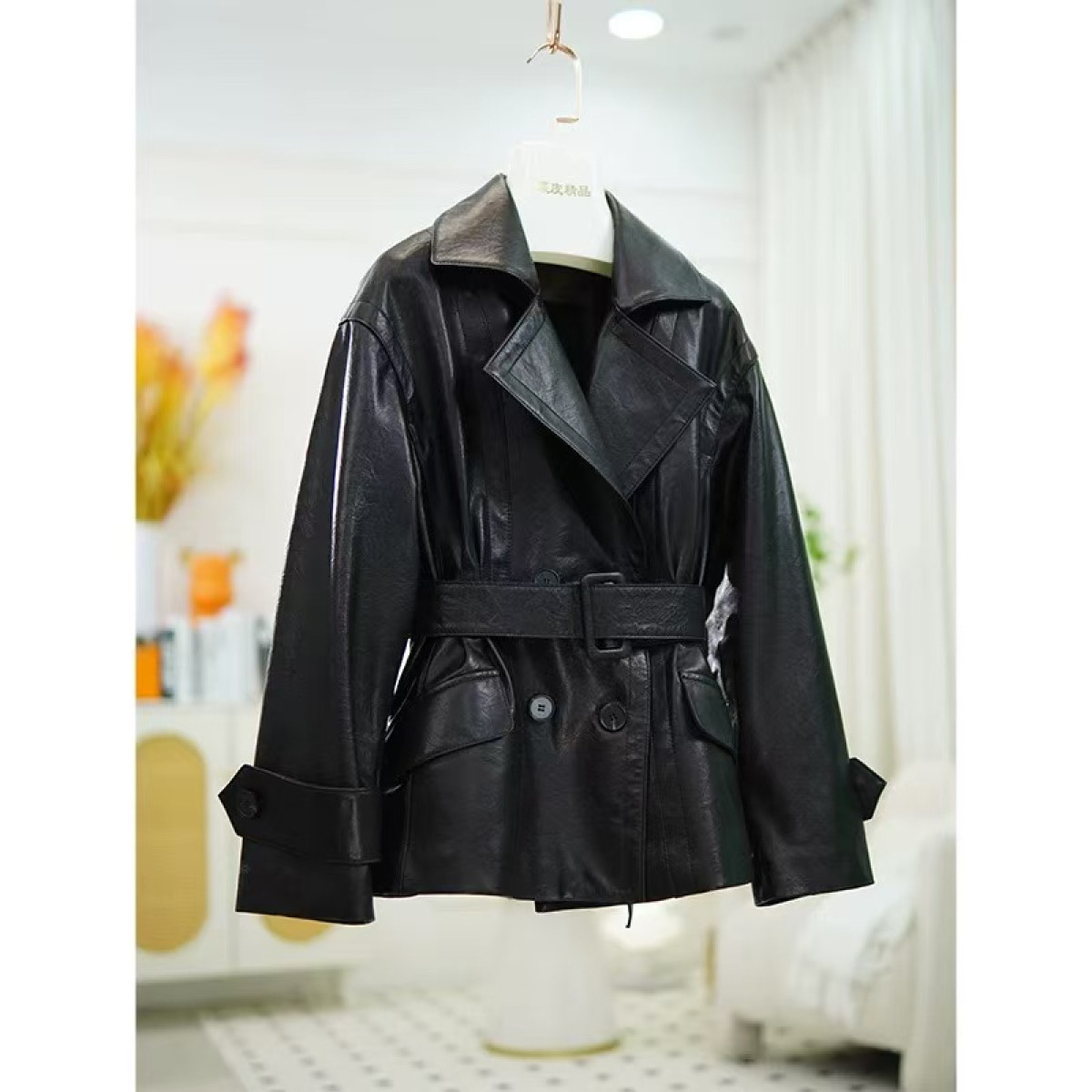 歐式風情 超顯瘦 雙排釦短風衣 植鞣小羊皮