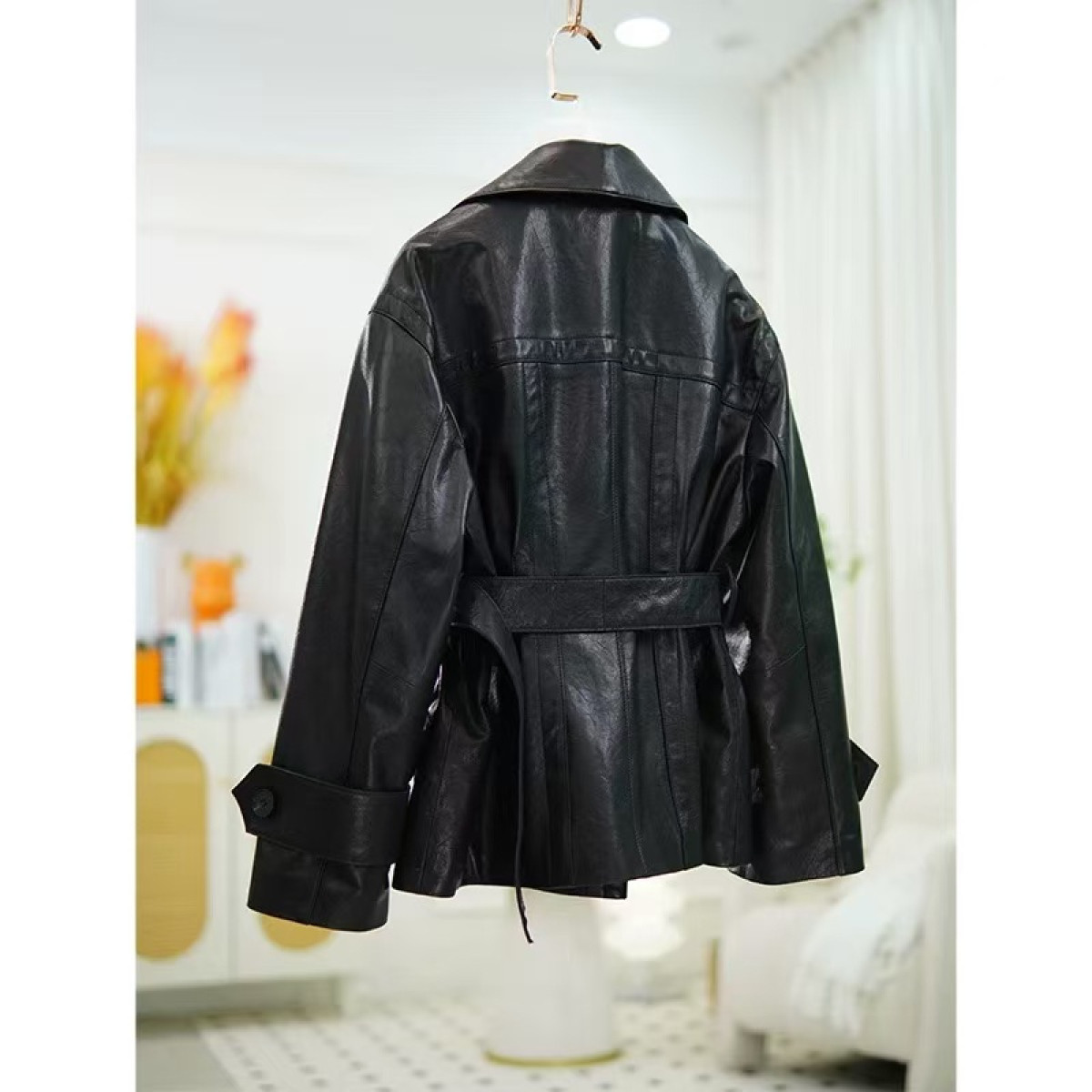 歐式風情 超顯瘦 雙排釦短風衣 植鞣小羊皮