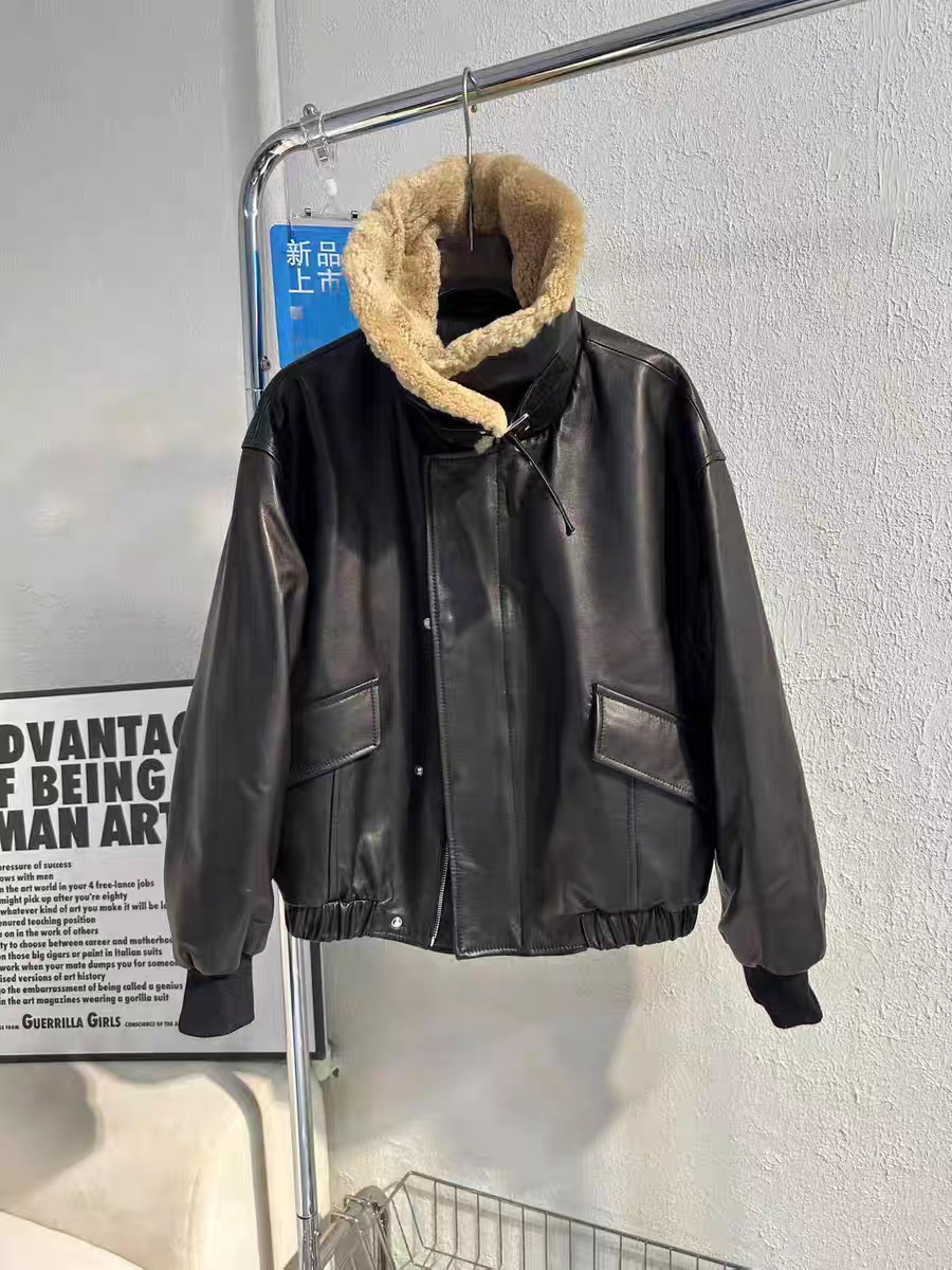 羽絨皮衣 領子有扣帶 袖口羅紋款 油蠟綿羊皮  黑色 酒紅 咖啡