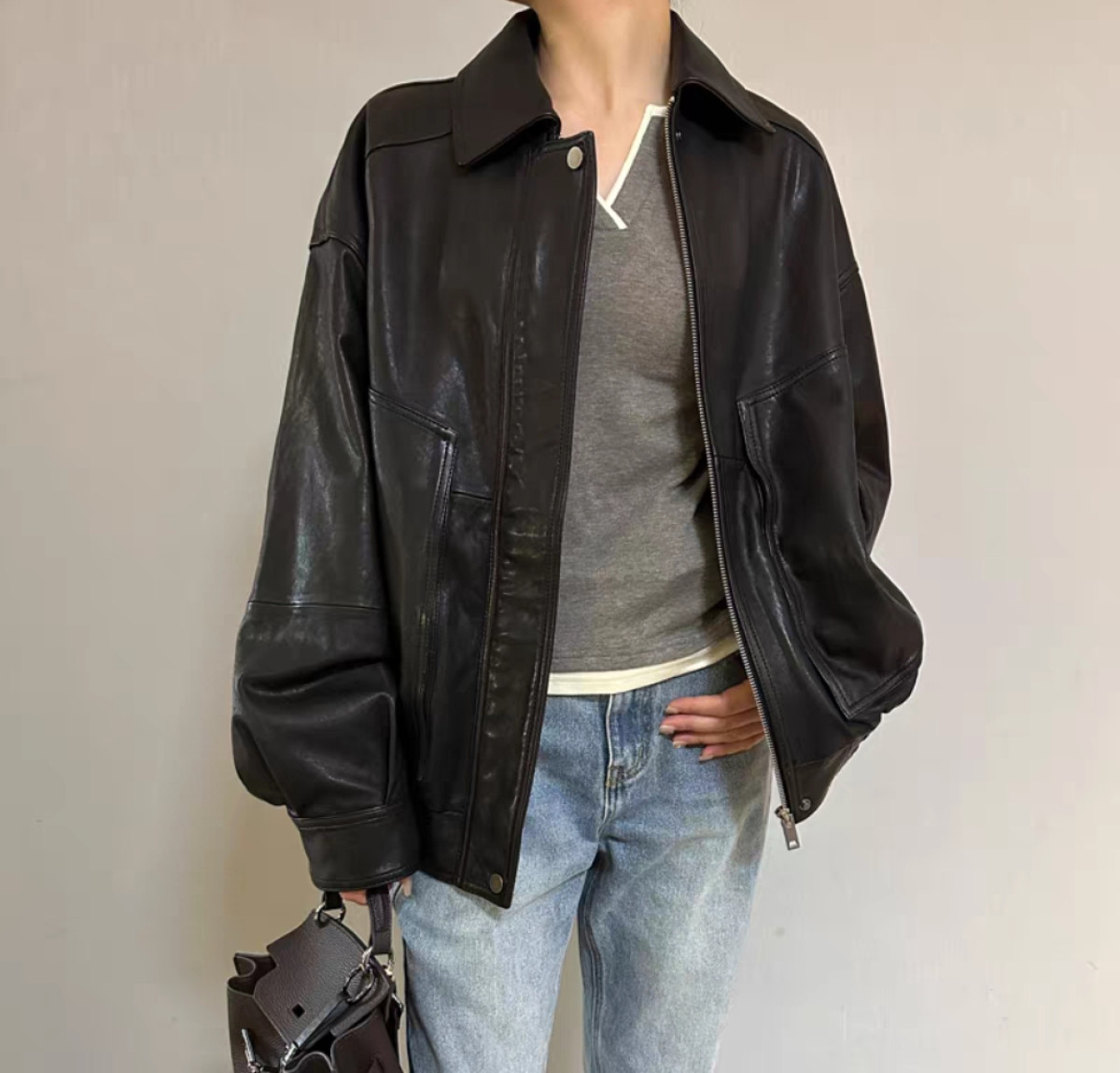 羽絨皮衣 毛領可拆 oversized款 油蠟綿羊皮