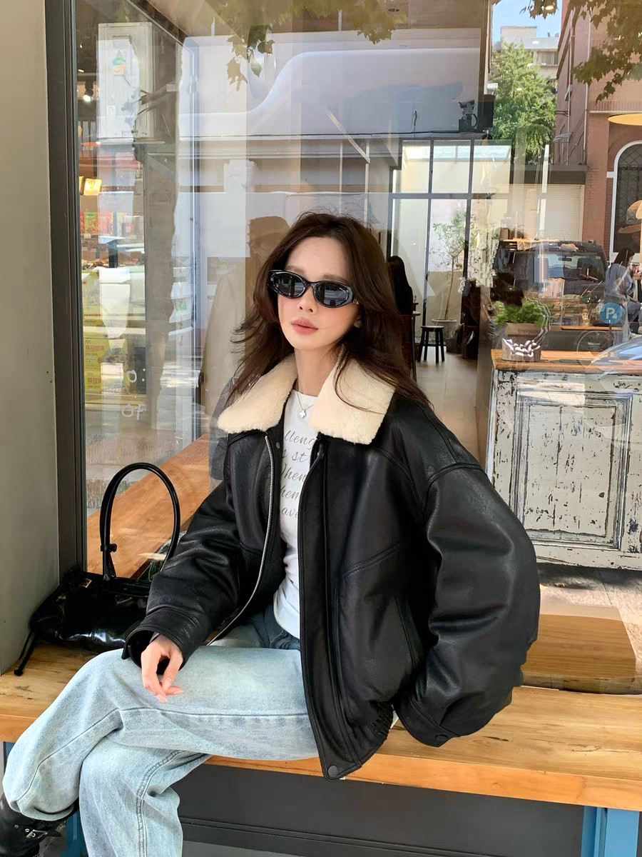 羽絨皮衣 毛領可拆 oversized款 油蠟綿羊皮