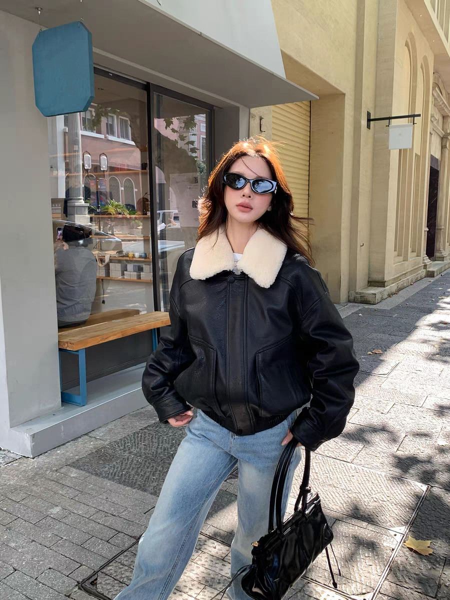 羽絨皮衣 毛領可拆 oversized款 油蠟綿羊皮