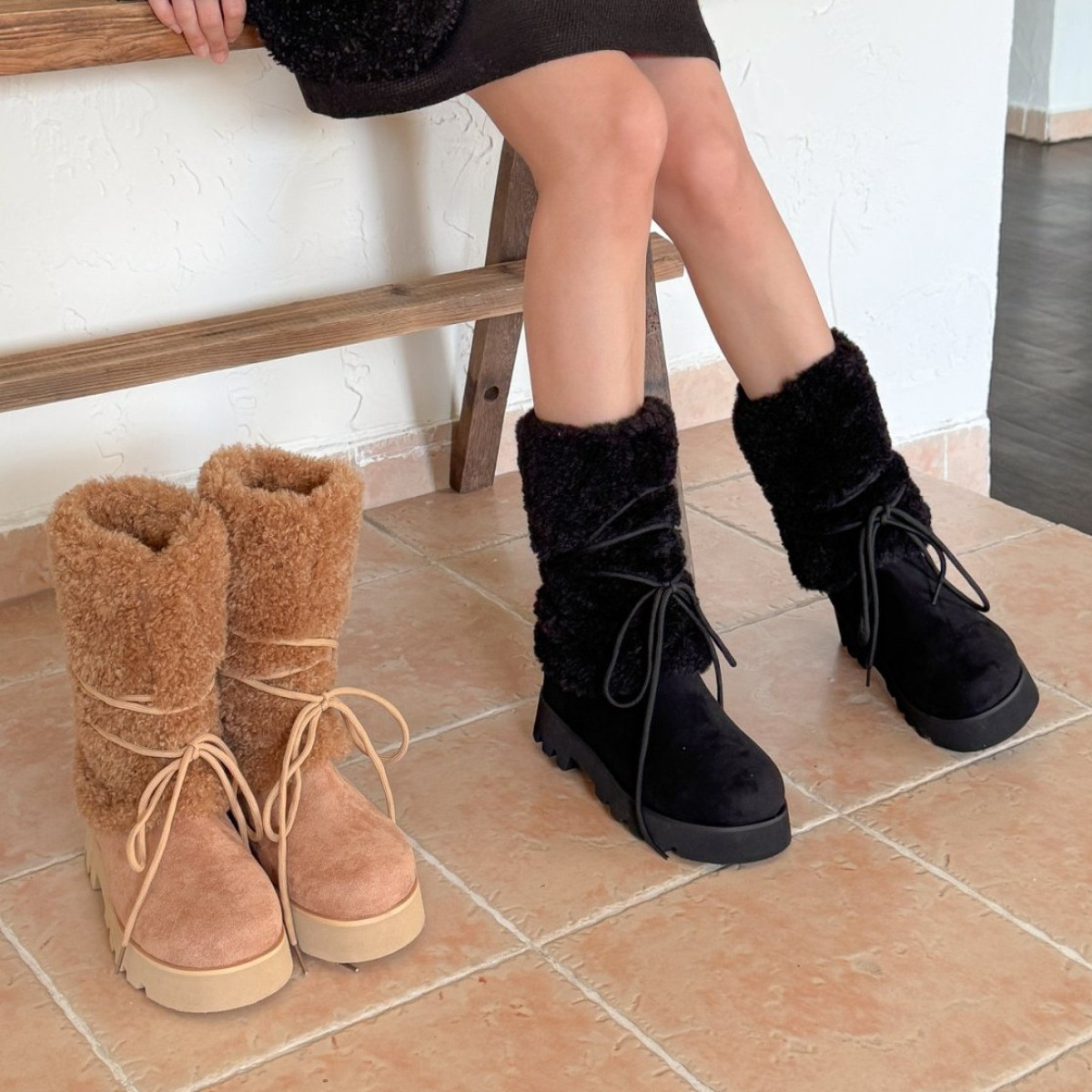 👢麂皮絨毛拼接綁帶中筒靴 毛毛雪靴｜韓國代購