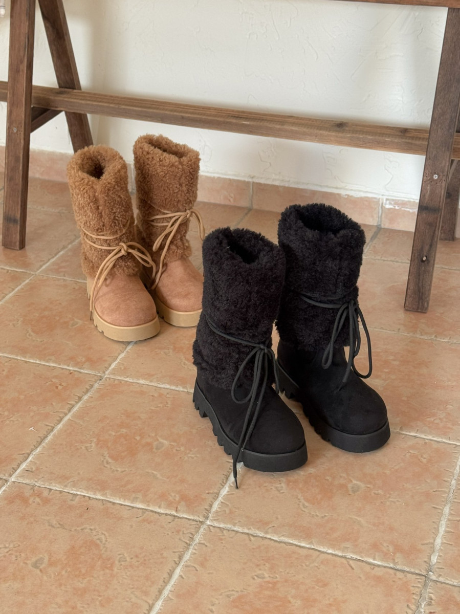 👢麂皮絨毛拼接綁帶中筒靴 毛毛雪靴｜韓國代購
