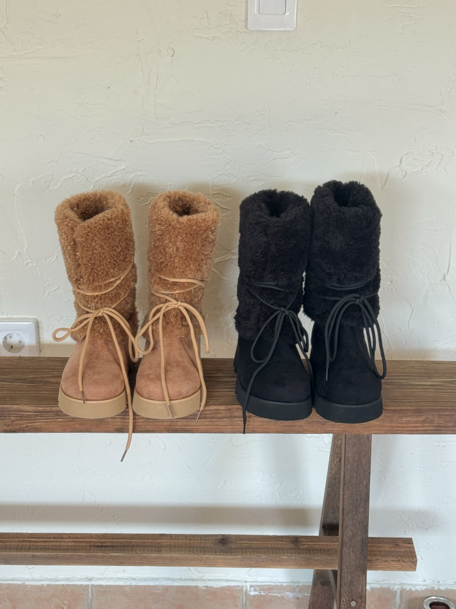 👢麂皮絨毛拼接綁帶中筒靴 毛毛雪靴｜韓國代購