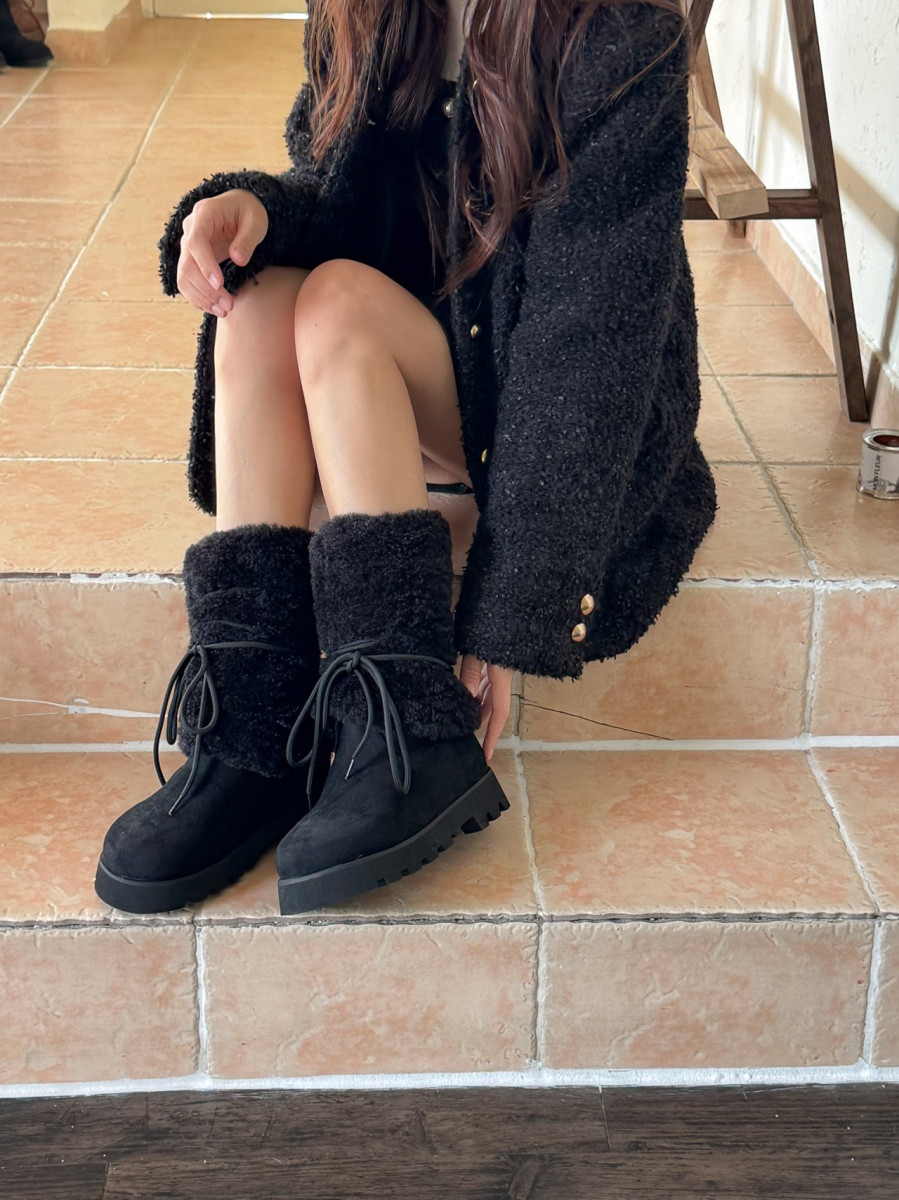 👢麂皮絨毛拼接綁帶中筒靴 毛毛雪靴｜韓國代購