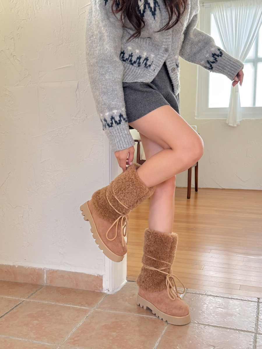 👢麂皮絨毛拼接綁帶中筒靴 毛毛雪靴｜韓國代購