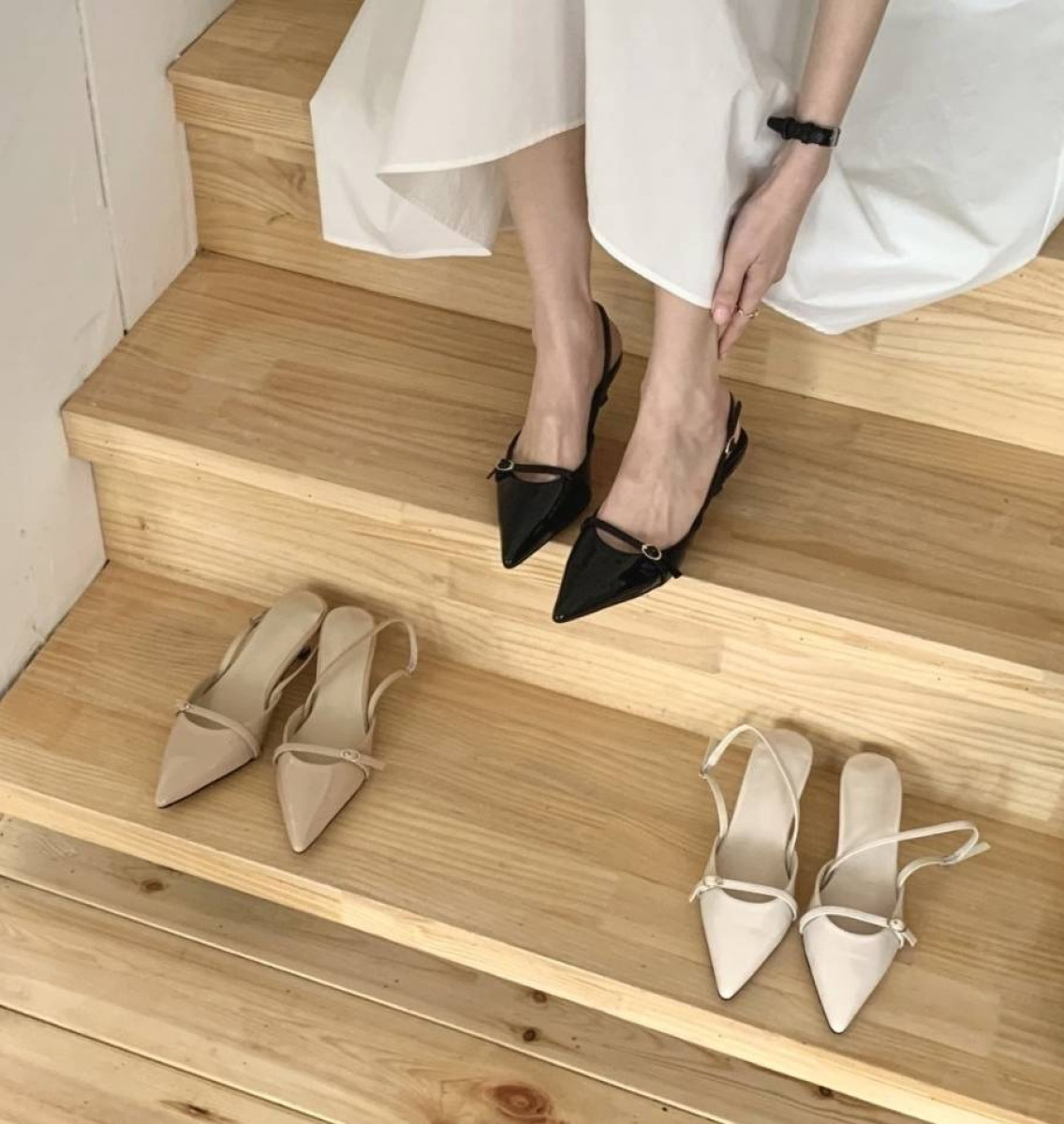 👠正韓新款｜3色尖頭細環鏤空漆皮後勾中跟鞋