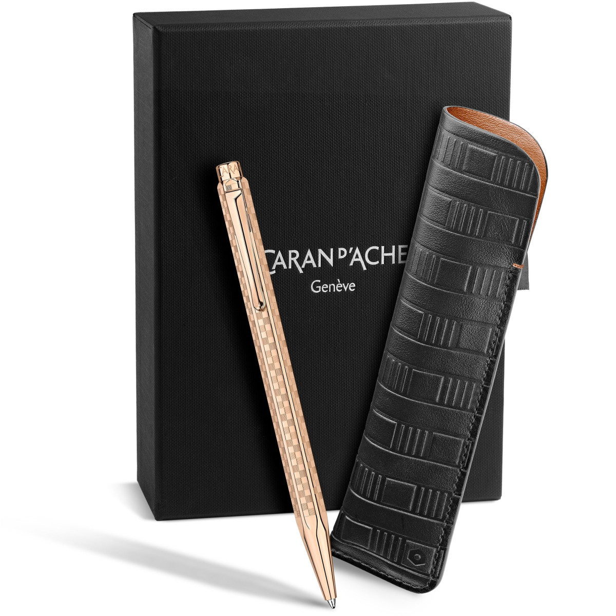 【長益鋼筆】caran d'ache 卡達 艾可朵 Damier 棋盤格 玫瑰金原子筆套裝 搭配黑色皮革筆套 8902.567 瑞士