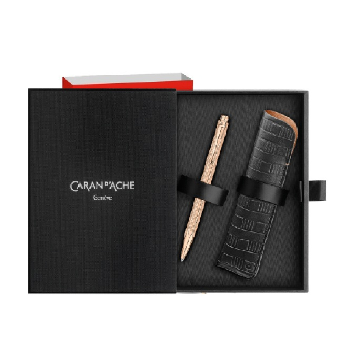 【長益鋼筆】caran d'ache 卡達 艾可朵 Damier 棋盤格 玫瑰金原子筆套裝 搭配黑色皮革筆套 8902.567 瑞士